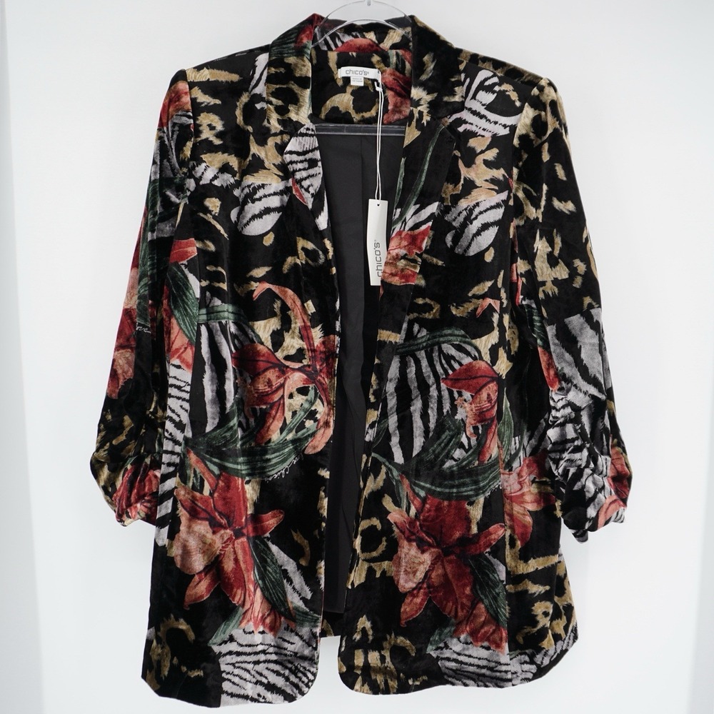 Chico's Women Black Red Floral Animal Print Velvet Blazer Artsy size 2 NEW